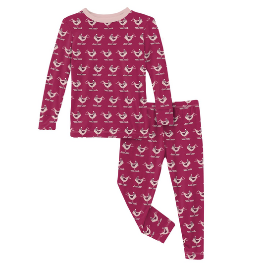 Bamboo Print Long Sleeve Pajama Set: Berry Ski Birds