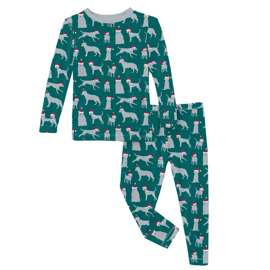 Bamboo Print Long Sleeve Pajama Set: Cedar Santa Dogs