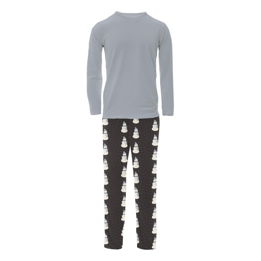 Men's Bamboo Print Long Sleeve Pajama Set: Midnight Snowman
