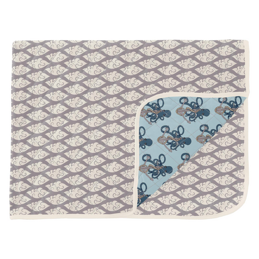 Bamboo Print Quilted Throw Blanket: Feather Cloudy Sea/Spring Sky Octopus Anchor