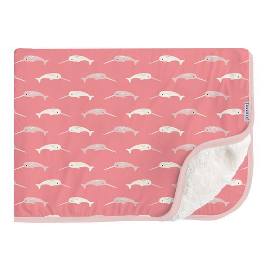 BambooPrint Sherpa-Lined Throw Blanket: Strawberry Narwhal