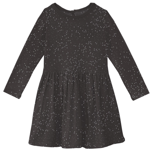 Bamboo Print Long Sleeve Twirl Dress: Midnight Foil Constellations