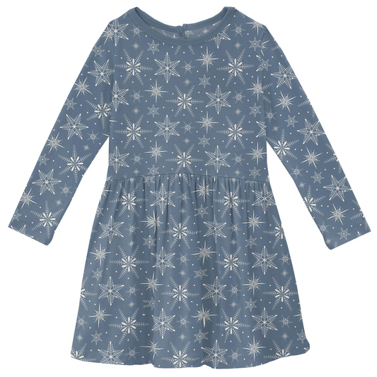Bamboo Print Long Sleeve Twirl Dress: Parisian Blue Snowflakes
