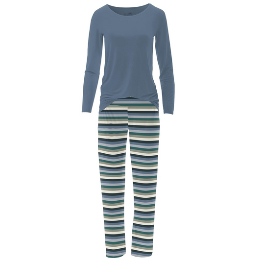 Bamboo Women's Print Long Sleeve Loosey Goosey Tee & Pajama Pants Set: Snowy Stripe