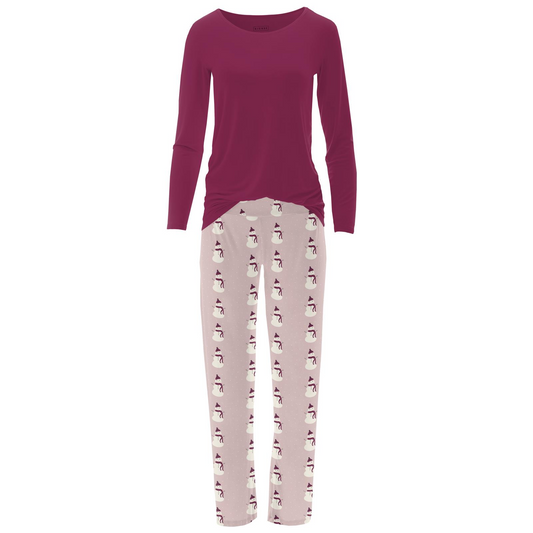 Bamboo Women's Print Long Sleeve Loosey Goosey Tee & Pajama Pants Set: Baby Rose Snowman