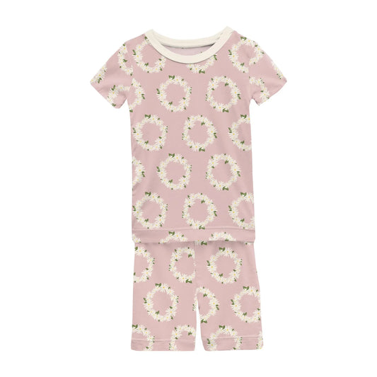 Bamboo Print Short Sleeve Pajama Set with Shorts: Baby Rose Daisy Crowns