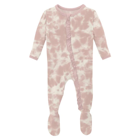 Bamboo Print Muffin Ruffle Footie with Zipper: Baby Rose Tie Dye