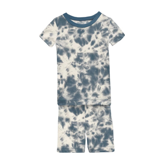 Bamboo Print Short Sleeve Pajama Set with Shorts: Deep Sea Tie Dye