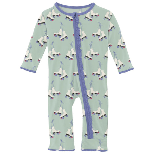 Bamboo Print Muffin Ruffle Coverall with Zipper: Pistachio Roller Skates