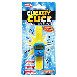Clickety Click fidget ring counter packaging with blue and yellow design