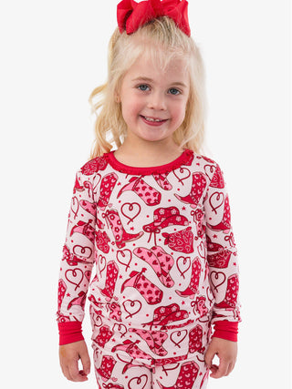 Toddler Girls SoftSnooze™ Bamboo Viscose Ruffle Long Sleeve Pajama Set with Signature Rear Ruffles in Lasso Love