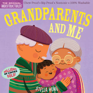 Book cover of 'Grandparents and Me' with illustrations of grandparents and a child on a purple background.