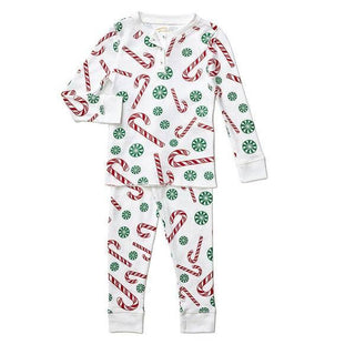 Children's pajama set with candy cane pattern on a white background