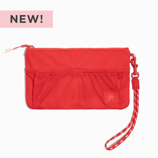Red pouch with a strap on a white background, labeled 'NEW!'.