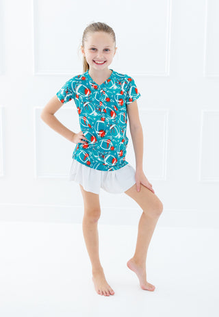 Graffiti Football Henley T-Shirt: Aqua & Orange