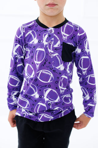 Graffiti Football Henley T-Shirt: Purple & White