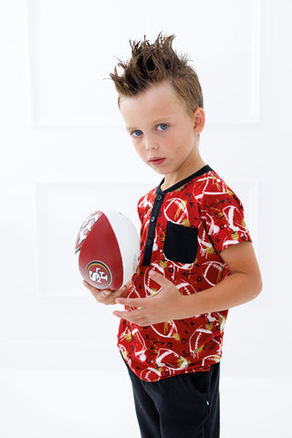 Graffiti Football Henley T-Shirt: Red & Gold