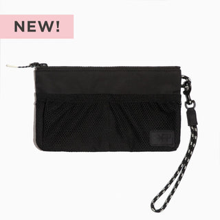 Black wristlet with a strap on a white background, labeled 'NEW!'.