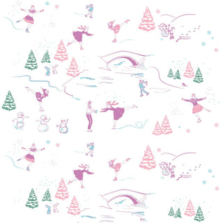 Winter-themed pattern with skaters, trees, and snowmen on a white background