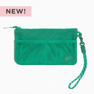 Green pouch with a strap on a white background, featuring a 'NEW!' label.