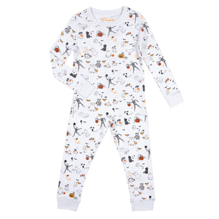 Children's pajama set with Halloween-themed pattern on a white background