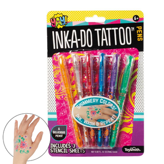 Ink-a-Do Tattoo Pens Set for Kids & Tweens – Washable Temporary Body Art Gel Pens with Stencils | Non-Toxic Glitter Tattoo Markers for Creative Play (6 Pens + 3 Stencils)