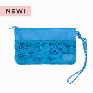 Blue pouch with mesh pocket and wrist strap on a white background, labeled 'NEW!'.