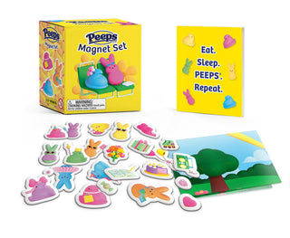 Peeps magnet set with packaging and magnet examples on a white background