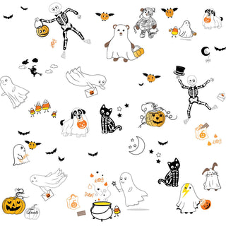 Halloween-themed illustrations including ghosts, skeletons, cats, and pumpkins on a white background.