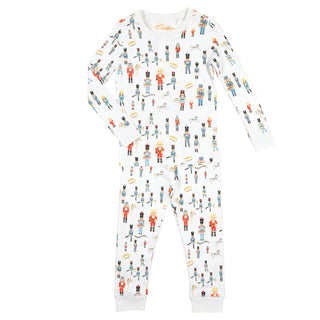 Kids pajama set with nutcracker pattern on a white background