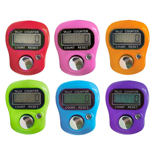 Six colorful tally counters on a white background