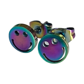 Rainbow-colored smiley face earrings on a white background