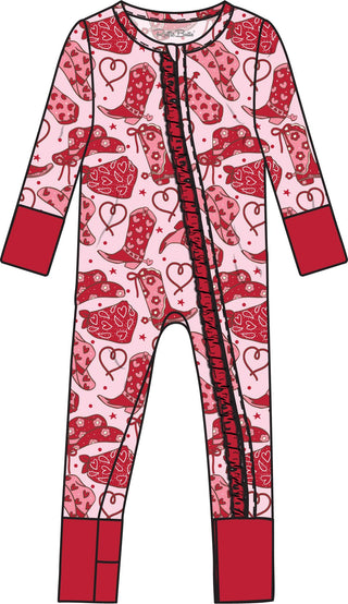 Baby Girls SoftSnooze™ Bamboo Viscose Convertible Ruffle One Piece Footie Pajama in Lasso Love