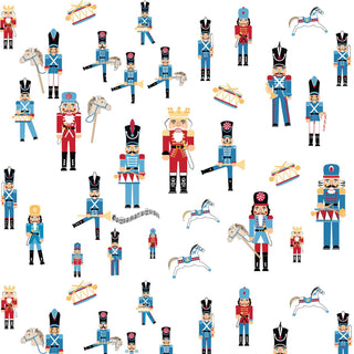 Pattern of colorful toy soldiers and instruments on a white background