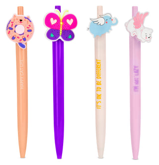 Four novelty gel pens with cartoon character charms on a plain white background. The pens are peach, purple, cream, and light pink, each with a unique character design: a donut cat, a butterfly with heart wings, a blue elephant, and a white cat with pink wings.