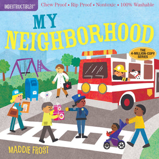 Book cover of 'My Neighborhood' by Maddie Frost featuring illustrations of children and a fire truck.