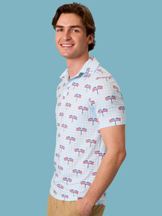 Men’s Patriotic Performance Polo – Patriotic Gingham American Flag Shirt | Soft Stretch Athletic Polo for Summer, 4th of July & Family Matching Outfits