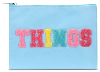 Light blue pouch with colorful 'THINGS' text on a white background