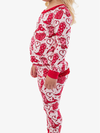 Toddler Girls SoftSnooze™ Bamboo Viscose Ruffle Long Sleeve Pajama Set with Signature Rear Ruffles in Lasso Love