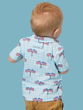 Boys Patriotic Performance Polo – Patriotic Gingham American Flag Shirt | Stretchy Short Sleeve Kids Polo for Summer, 4th of July & Family Matching Outfits