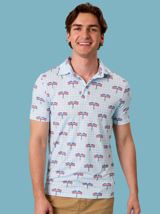 Men’s Patriotic Performance Polo – Patriotic Gingham American Flag Shirt | Soft Stretch Athletic Polo for Summer, 4th of July & Family Matching Outfits