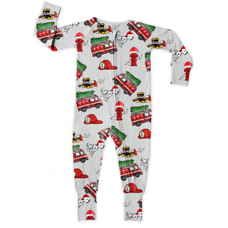 Bamboo Convertible Footie with 2 Way Zipper in Christmas Fire Trucks