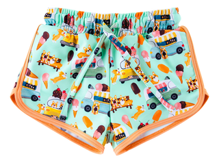 Colorful children's shorts with ice cream and car pattern on a white background