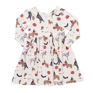 Girls Organic Long Sleeve Steph Dress - Spooky Dogs