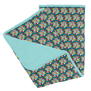 Bamboo Print Stroller Blanket: Cerulean Blue Puzzle Cube