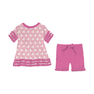 Bamboo Print Short Sleeve Babydoll Outfit Set with Shorts: Cake Pop Swan Princess