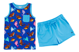 Children's swimsuit set with shark patterned tank top and blue shorts on a white background