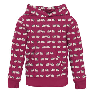 Print Fleece Kangaroo Pocket Pullover: Berry Cow