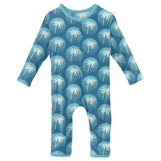 Print Coverall with Snaps: Cerulean Blue Palm Tree Sun