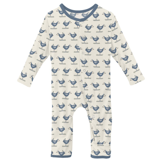 Print Coverall with Snaps: Natural Ski Birds